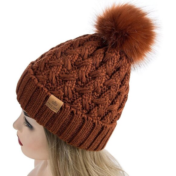 Women’s Brown Winter Ribbed Beanie Hat Chunky Cable Knit Pompom Warm